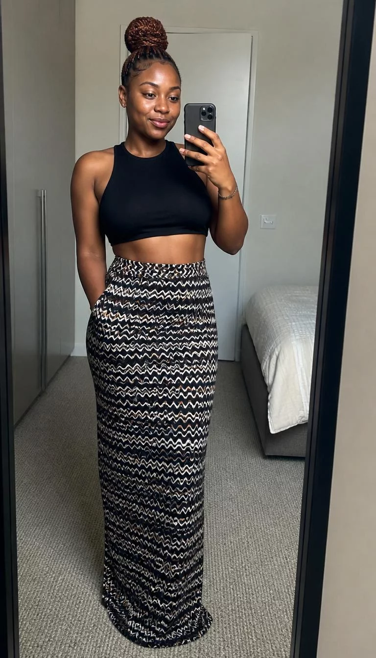 Black Sleeveless Crop Top And Wavy Pattern Patterned Maxi Skirt A photorealistic full body shot of a 27-year-old Black African woman with a oval face, dark brown, rounded nose, feathered eyebrows, and full lips. Her face features widow's peak hairline, slightly flushed cheeks, and subtle natural facial asymmetry. She has deep-set amber eyes, rounded cheeks, broad smile, confident. She is petite with light brown hair in a neat top bun hair and is wearing a black sleeveless crop top and a wavy-pattern patterned maxi skirt, while taking a mirror selfie, no people in the background, high-quality mobile photography, shot on an iPhone 14.