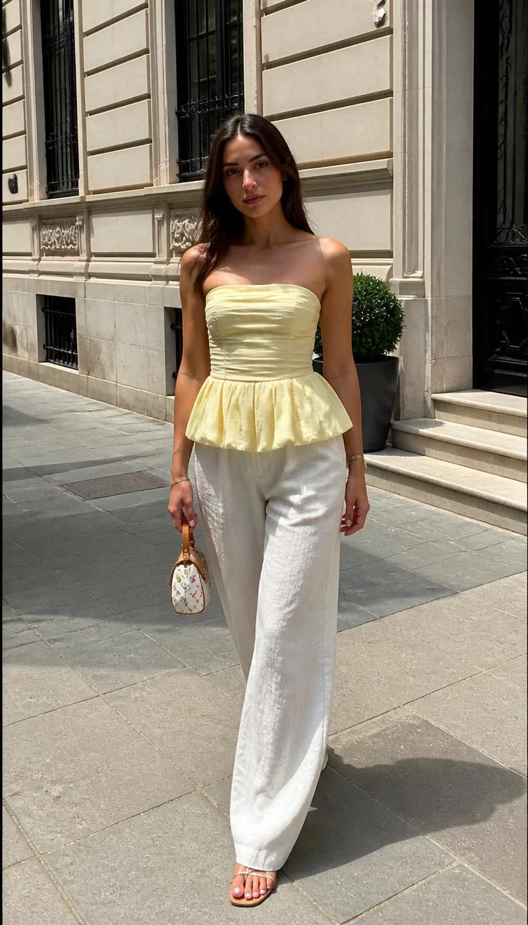 Pale Yellow Peplum Top And White Linen Pants A photorealistic full body shot of a 24-year-old Northern European woman with a oblong face, deep brown, aquiline nose, thin arched eyebrows, and heart-shaped lips. Her face features beauty mark near the lip, slightly flushed cheeks, and subtle natural facial asymmetry. She has almond-shaped hazel eyes, rounded cheeks, neutral expression, confident. She is petite with long dark hair hair and is wearing a pale yellow strapless peplum top and white linen pants, she carries a miniature designer bag, walking in a sunny city, no people in the background, high-quality mobile photography, shot on an iPhone 14.