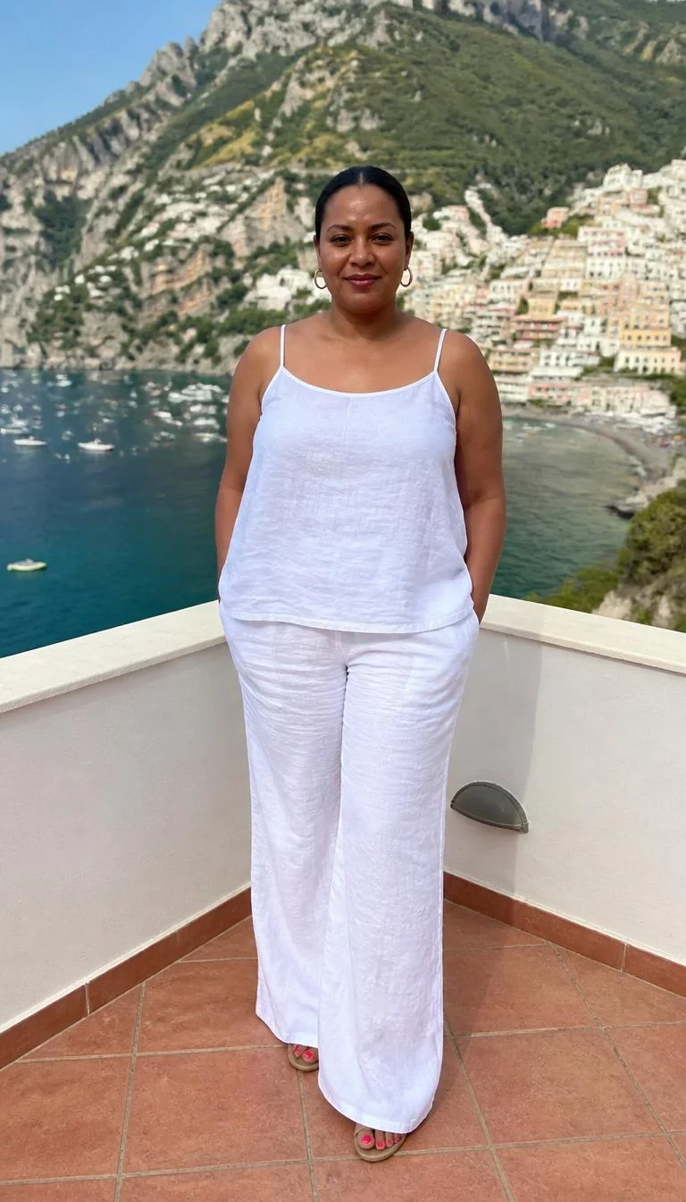 White Linen Camisole And Matching Wide Leg Trousers A photorealistic full body shot of a 44-year-old Black African woman with a pear-shaped face, tan, rounded nose, softly curved eyebrows, and wide lips. Her face features uneven eyebrows, faint under-eye shadows, and subtle natural facial asymmetry. She has hooded hazel eyes, rounded cheeks, neutral expression, cheerful. She is curvy build with dark hair in a low bun hair and is wearing a white linen camisole and matching wide-leg trousers, standing on a terrace overlooking a scenic cliffside coastal village, no people in the background, high-quality mobile photography, shot on an iPhone 14.