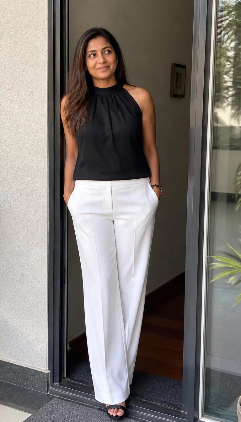 Black High Neck Halter Top And White Tailored Trousers A photorealistic full body shot of a 41-year-old South Asian woman with a round face, light, aquiline nose, softly curved eyebrows, and full lips. Her face features dimples, faint under-eye shadows, and subtle natural facial asymmetry. She has monolid gray eyes, high cheekbones, broad smile, thoughtful. She is slim with long dark brown hair hair and is wearing a black high-neck halter top and white tailored trousers, standing in a doorway, no people in the background, high-quality mobile photography, shot on an iPhone 14.