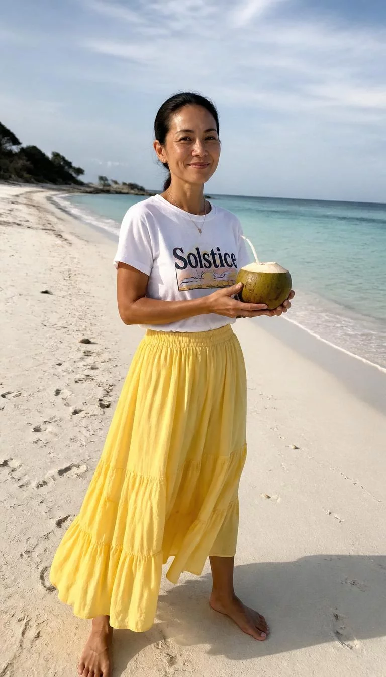 Solstice Graphic T-Shirt And Yellow Tiered Skirt A photorealistic full body shot of a 41-year-old East Asian woman with a square face, deep brown, button nose, thick natural eyebrows, and wide lips. Her face features dimples, light freckles, and subtle natural facial asymmetry. She has round hazel eyes, high cheekbones, closed-mouth smile, cheerful. She is slim with hair in a sleek low ponytail hair and is wearing a white graphic 'Solstice' t-shirt and a flowy yellow tiered skirt, she holds a coconut, on a sandy beach, no people in the background, high-quality mobile photography, shot on an iPhone 14.
