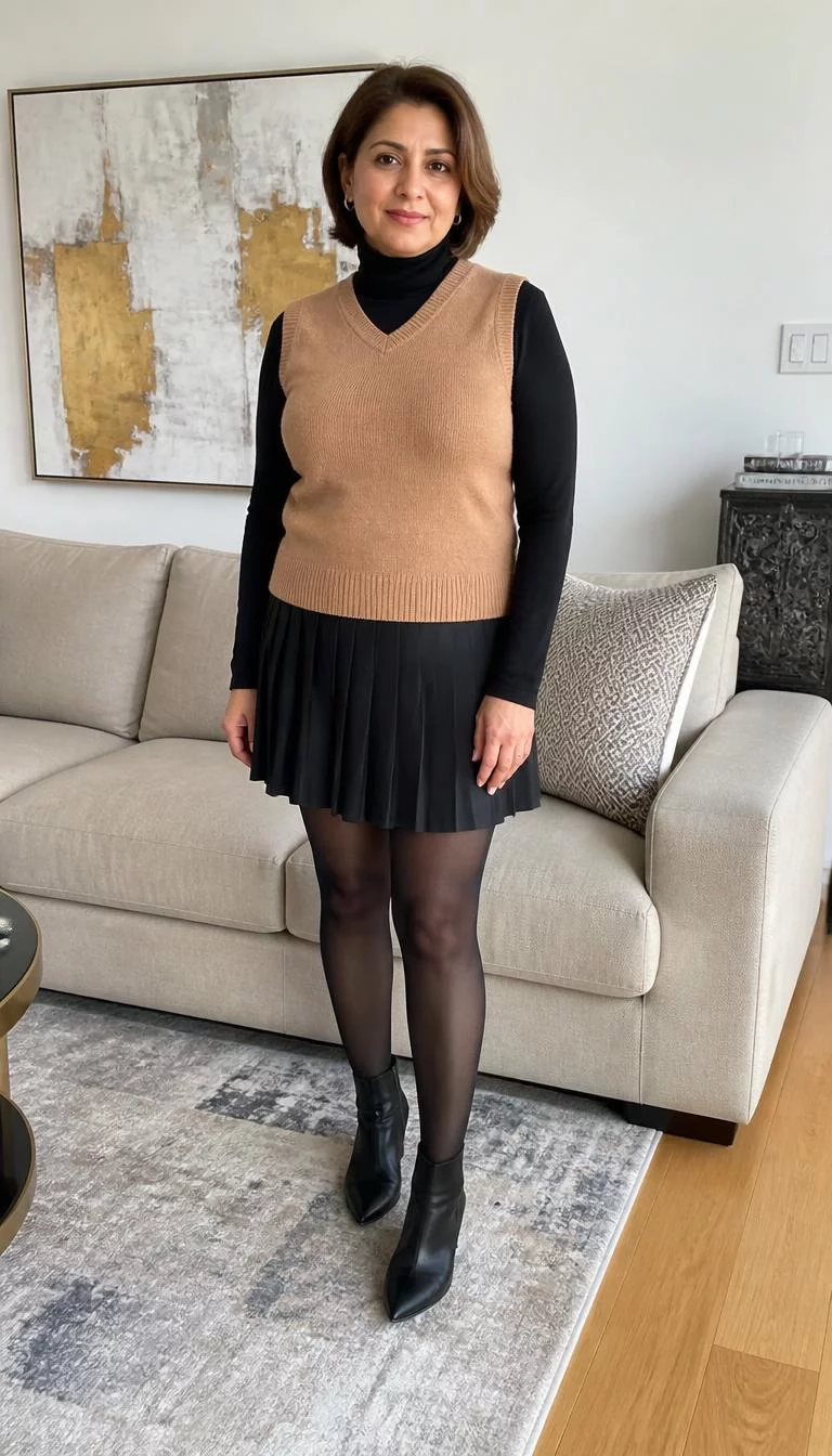 Tan Sweater Vest And Black Turtleneck With Pleated Skirt A photorealistic full body shot of a 47-year-old South Asian woman with a diamond face, light, narrow nose, thick natural eyebrows, and wide lips. Her face features widow's peak hairline, slightly flushed cheeks, and subtle natural facial asymmetry. She has downturned green eyes, soft cheekbones, closed-mouth smile, relaxed. She is curvy build with brown short hair and is wearing a tan sweater vest over a black turtleneck, a pleated skirt, sheer tights, and boots, standing before a sofa in a bright living area, no people in the background, high-quality mobile photography, shot on an iPhone 14.