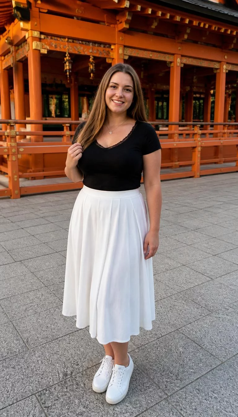 Black Lace Trim T-Shirt And White Midi Skirt A photorealistic full body shot of a 25-year-old Eastern European woman with a square face, fair, narrow nose, straight eyebrows, and heart-shaped lips. Her face features gap between front teeth, a few laugh lines, and subtle natural facial asymmetry. She has deep-set hazel eyes, soft cheekbones, broad smile, cheerful. She is curvy build with light brown long straight hair and is wearing a black t-shirt with lace trim, a white midi skirt, and a star necklace, before a traditional orange Japanese temple, no people in the background, high-quality mobile photography, shot on an iPhone 14.