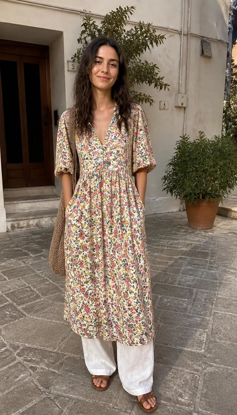 A photorealistic full body shot of a 23-year-old Mediterranean woman with a oblong face, olive, rounded nose, thick natural eyebrows, and heart-shaped lips. Her face features slightly crooked smile, slightly flushed cheeks, and subtle natural facial asymmetry. She has monolid dark brown eyes, soft cheekbones, closed-mouth smile, cheerful. She is slim with brown [hairstyle] hair and is wearing a floral midi dress and breezy linen pants, [background], no people in the background, high-quality mobile photography, shot on an iPhone 14.