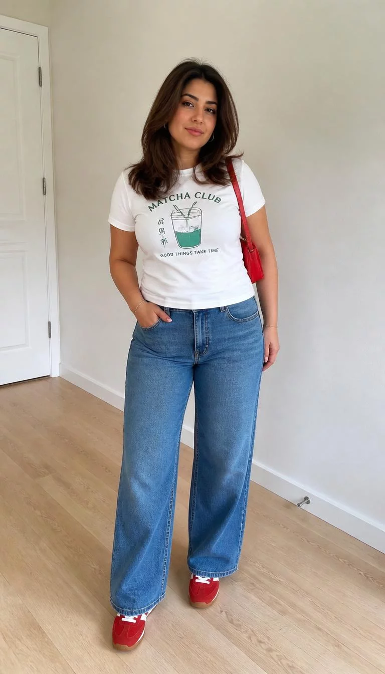 A photorealistic full body shot of a 28-year-old Middle Eastern woman with a heart-shaped face, tan, upturned nose, feathered eyebrows, and thin lips. Her face features dimples, slightly flushed cheeks, and subtle natural facial asymmetry. She has hooded dark brown eyes, soft cheekbones, neutral expression, confident. She is curvy build with brown [hairstyle] hair and is wearing a graphic t-shirt, wide-leg denim jeans, white socks, red sneakers, and a red bag, light wood floor background, no people in the background, high-quality mobile photography, shot on an iPhone 14.