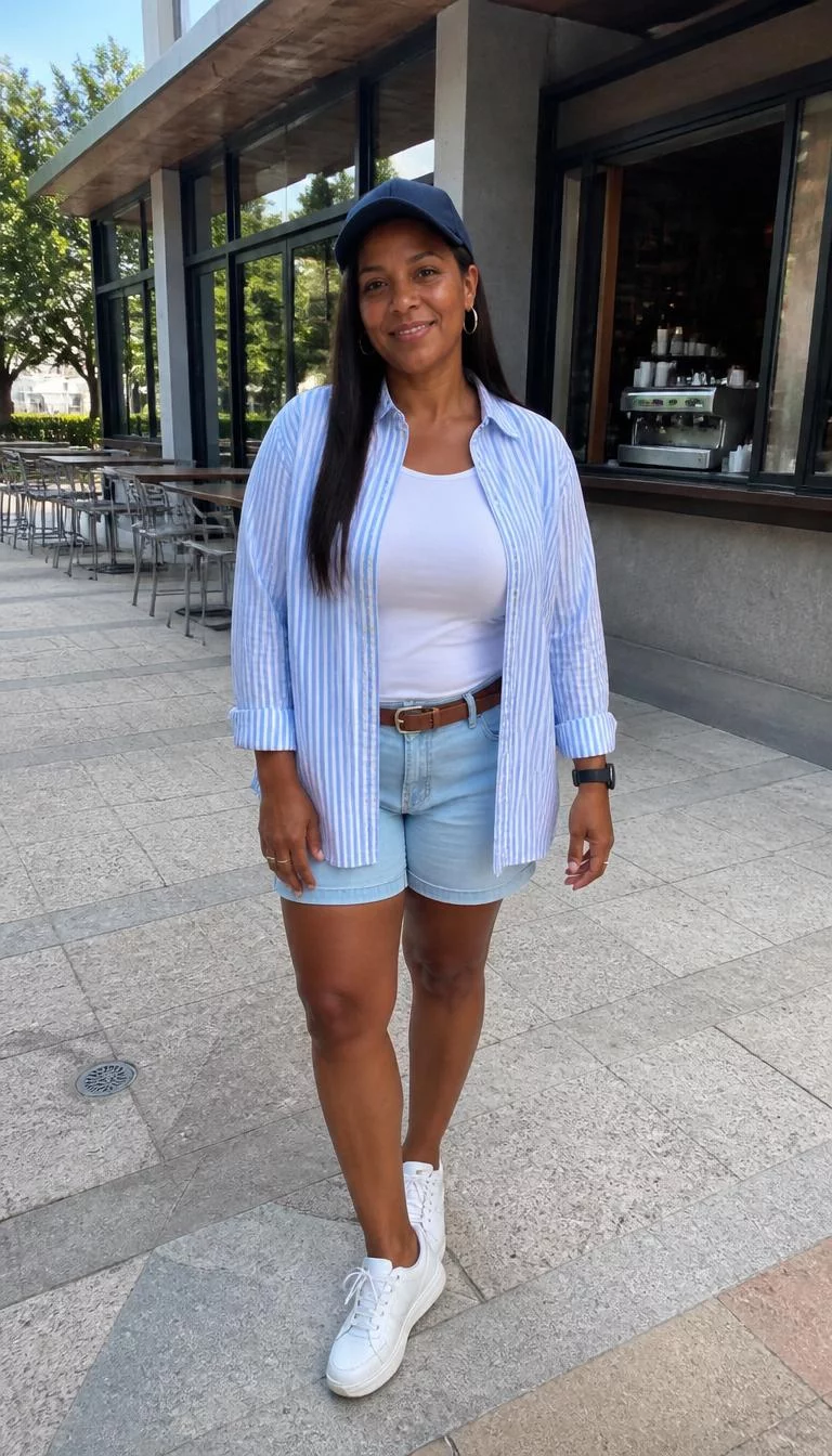 Light Blue Striped Shirt And Navy Cap With Shorts A photorealistic full body shot of a 38-year-old Afro-Caribbean woman with a pear-shaped face, light, button nose, softly curved eyebrows, and full lips. Her face features small scar on the eyebrow, slightly flushed cheeks, and subtle natural facial asymmetry. She has upturned gray eyes, rounded cheeks, broad smile, relaxed. She is average build with dark long straight hair and is wearing a navy cap, light blue striped shirt, white top, and shorts with a belt, outdoors by a modern cafe building, no people in the background, high-quality mobile photography, shot on an iPhone 14.