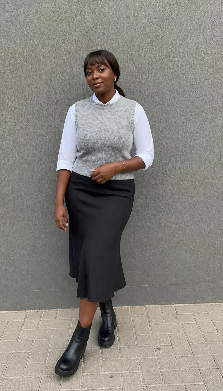 Grey Knit Vest Over White Shirt With Black Midi Skirt A photorealistic full body shot of a 26-year-old Black African woman with a square face, golden brown, button nose, softly curved eyebrows, and wide lips. Her face features gap between front teeth, a few laugh lines, and subtle natural facial asymmetry. She has downturned green eyes, soft cheekbones, closed-mouth smile, relaxed. She is curvy build with dark brown low ponytail hair with bangs and is wearing a white shirt under a grey knit vest, black midi skirt, and chunky black boots, pose, no people in the background, high-quality mobile photography, shot on an iPhone 14.