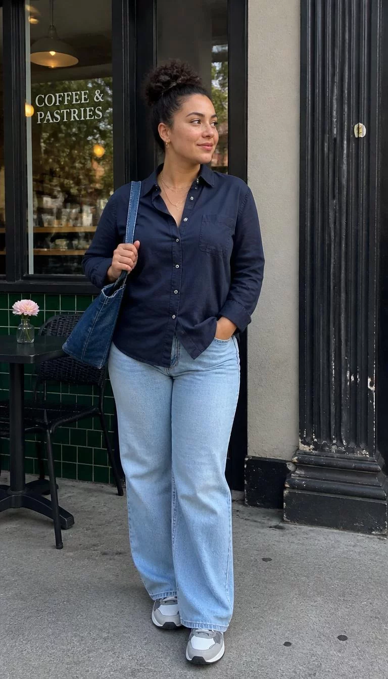 Navy Button Down Shirt And Light Wash Wide Leg Jeans A photorealistic full body shot of a 31-year-old Mixed-race woman with a square face, olive, upturned nose, straight eyebrows, and heart-shaped lips. Her face features faint freckles across the nose, light freckles, and subtle natural facial asymmetry. She has hooded green eyes, rounded cheeks, broad smile, thoughtful. She is curvy build with dark brown messy bun hair and is wearing a navy button-down shirt, wide-leg light-wash jeans, a blue shoulder bag, and sneakers, outside a cafe, no people in the background, high-quality mobile photography, shot on an iPhone 14.
