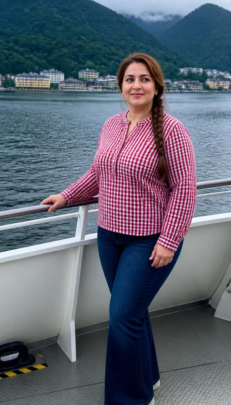 Red And White Checkered High Neck Top With Dark Blue Jeans A photorealistic full body shot of a 41-year-old Middle Eastern woman with a round face, fair, rounded nose, thick natural eyebrows, and full lips. Her face features gap between front teeth, light freckles, and subtle natural facial asymmetry. She has almond-shaped brown eyes, high cheekbones, closed-mouth smile, thoughtful. She is curvy build with light brown side braid hair and is wearing a red and white checkered button up high neck top and dark blue jeans, on a boat with Japanese lake side scenery, no people in the background, high-quality mobile photography, shot on an iPhone 14.