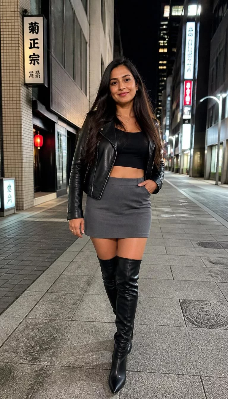 Black Leather Jacket And Grey Miniskirt With Over The Knee Boots A photorealistic full body shot of a 42-year-old South Asian woman with a oval face, deep brown, rounded nose, thick natural eyebrows, and heart-shaped lips. Her face features dimples, subtle acne marks, and subtle natural facial asymmetry. She has upturned gray eyes, high cheekbones, closed-mouth smile, relaxed. She is athletic build with dark brown long straight hair and is wearing a black leather jacket, crop top, and grey miniskirt with black over-the-knee boots, Tokyo street background, no people in the background, high-quality mobile photography, shot on an iPhone 14.