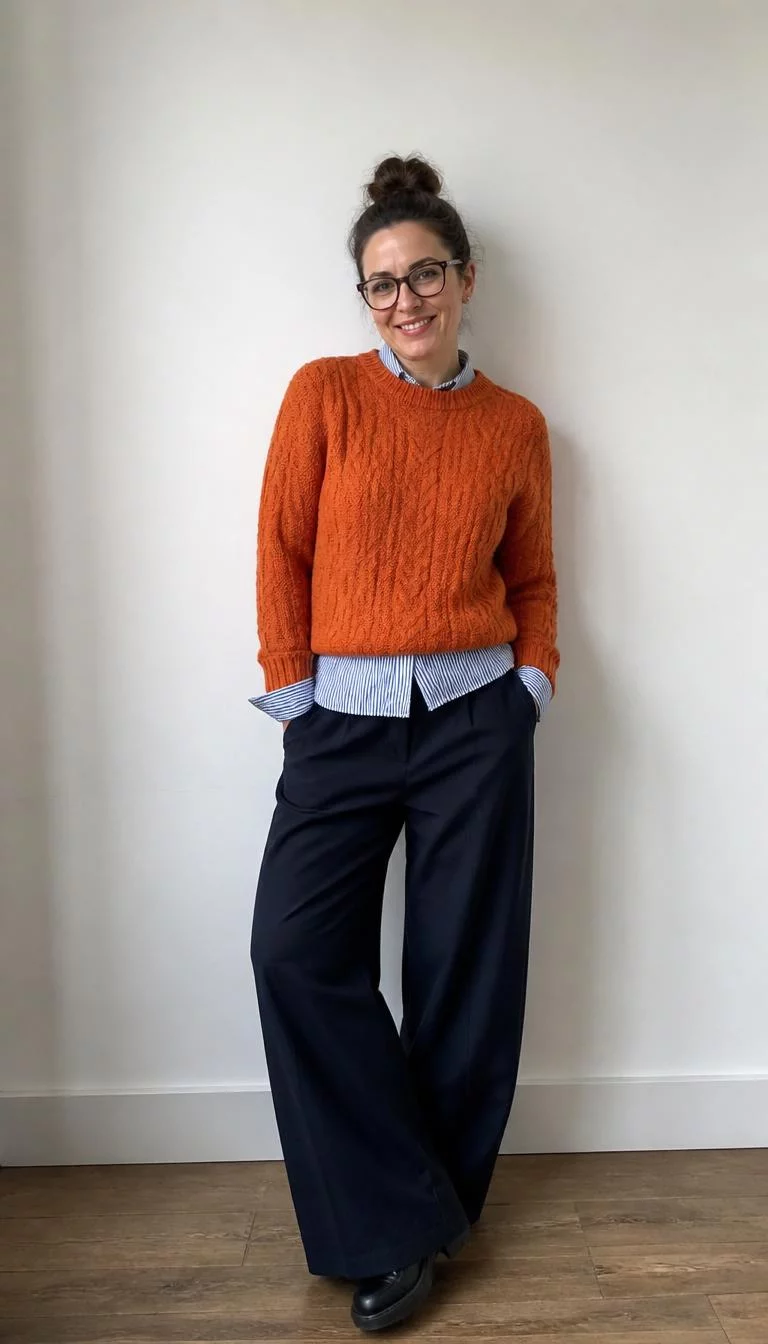 Orange Cable Knit Sweater And Striped Blue Shirt With Wide Leg Trousers A photorealistic full body shot of a 46-year-old Eastern European woman with a heart-shaped face, fair, narrow nose, thick natural eyebrows, and full lips. Her face features beauty mark near the lip, a few laugh lines, and subtle natural facial asymmetry. She has deep-set gray eyes, pronounced cheekbones, broad smile, playful. She is curvy build with dark brown top bun hair and is wearing an orange cable-knit sweater over a striped blue shirt, dark wide-leg trousers, and glasses, posing against a white wall, no people in the background, high-quality mobile photography, shot on an iPhone 14.