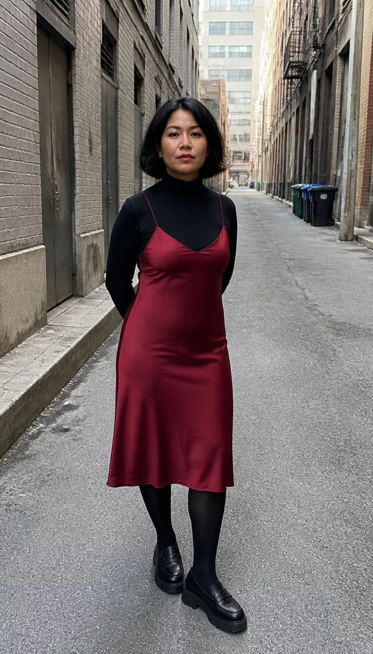 Burgundy Slip Dress Over Black Turtleneck With Platform Loafers A photorealistic full body shot of a 46-year-old Southeast Asian woman with a square face, olive, upturned nose, straight eyebrows, and wide lips. Her face features widow's peak hairline, light freckles, and subtle natural facial asymmetry. She has round green eyes, pronounced cheekbones, neutral expression, confident. She is athletic build with black bob cut hair and is wearing a burgundy slip dress over a black turtleneck, black tights, and platform loafers, city street alleyway, no people in the background, high-quality mobile photography, shot on an iPhone 14.