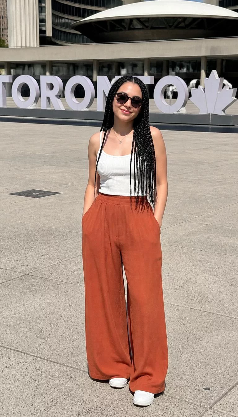 White Ribbed Top And Burnt Orange Trousers A photorealistic full body shot of a 27-year-old Southern European woman with a square face, light, button nose, softly curved eyebrows, and full lips. Her face features small scar on the eyebrow, light freckles, and subtle natural facial asymmetry. She has round green eyes, rounded cheeks, subtle smile, cheerful. She is average build with black long braided hair hair and is wearing a white ribbed top, burnt orange wide-leg trousers, and sunglasses, standing at Toronto's City Hall sign, no people in the background, high-quality mobile photography, shot on an iPhone 14.