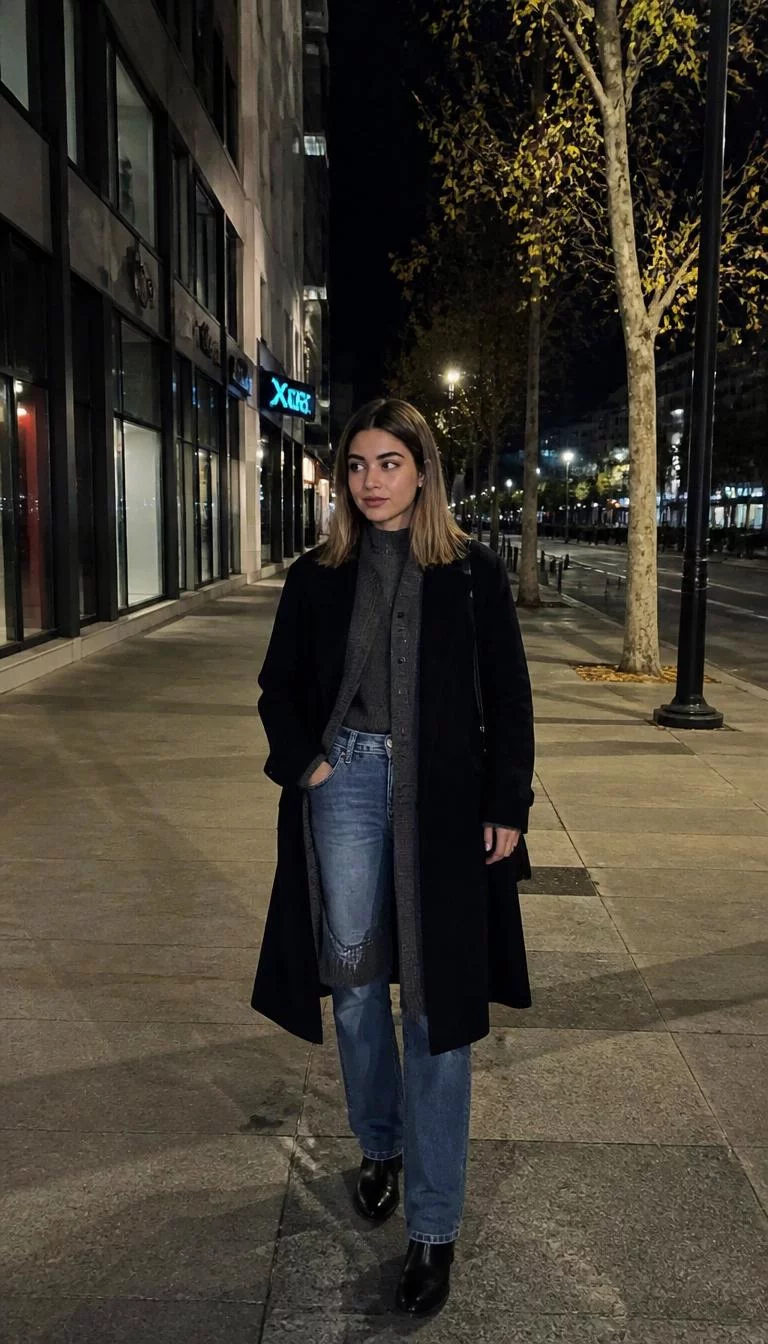 Layered Fall Coats And Denim A photorealistic full body shot of a 25-year-old Middle Eastern woman with a oval face, dark brown, aquiline nose, thick natural eyebrows, and heart-shaped lips. Her face features beauty mark near the lip, faint under-eye shadows, and subtle natural facial asymmetry. She has almond-shaped hazel eyes, rounded cheeks, neutral expression, thoughtful. She is petite with blonde and brunette shoulder-length straight hair and is wearing a layered fall coat, sweater, and denim, walking outdoors at night in the city, no people in the background, high-quality mobile photography, shot on an iPhone 14.