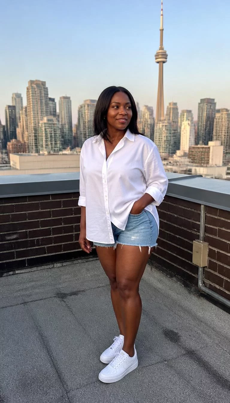 Oversized White Button Up And Denim Shorts A photorealistic full body shot of a 37-year-old Black African woman with a round face, deep brown, button nose, straight eyebrows, and wide lips. Her face features beauty mark near the lip, subtle acne marks, and subtle natural facial asymmetry. She has monolid blue eyes, pronounced cheekbones, subtle smile, cheerful. She is athletic build with dark shoulder-length hair and is wearing an oversized white button-up shirt, denim shorts, and white sneakers, standing on an urban rooftop with the Toronto CN Tower in the background, no people in the background, high-quality mobile photography, shot on an iPhone 14.