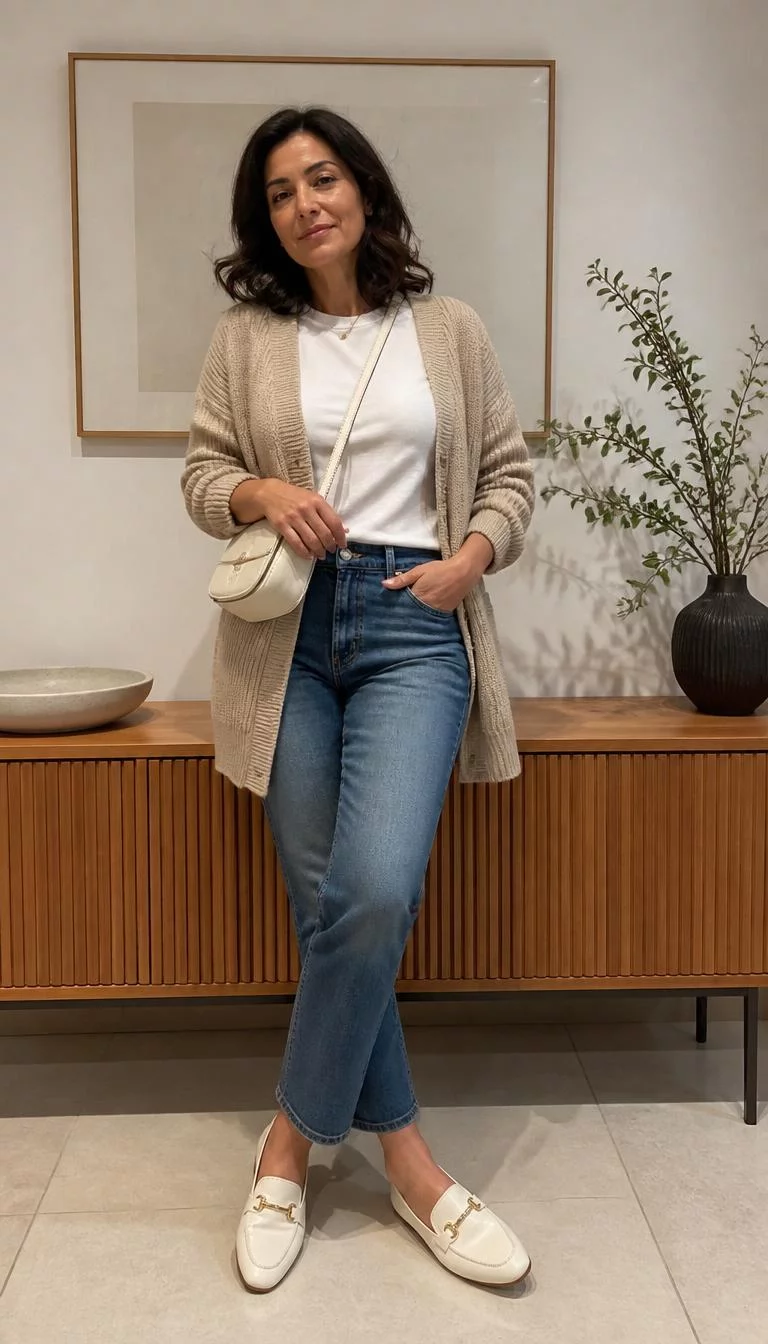 Beige Cardigan And White Loafers A photorealistic full body shot of a 47-year-old Mediterranean woman with a oblong face, light, aquiline nose, thick natural eyebrows, and full lips. Her face features uneven eyebrows, visible pores, and subtle natural facial asymmetry. She has upturned gray eyes, soft cheekbones, subtle smile, playful. She is curvy build with dark brown shoulder-length wavy hair and is wearing a beige cardigan, white tee, blue jeans, and white loafers, accented by a cream crossbody bag, posed before a minimalist wooden console, no people in the background, high-quality mobile photography, shot on an iPhone 14.