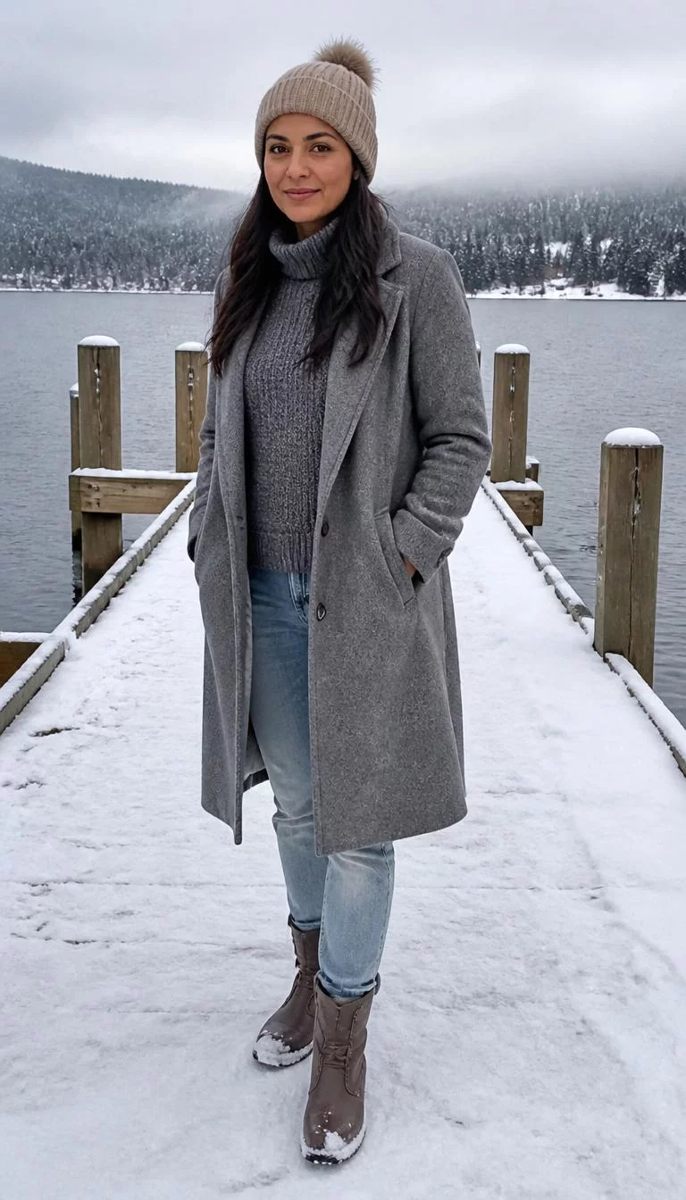 Beige Pom Pom Beanie And Grey Coat A photorealistic full body shot of a 46-year-old South Asian woman with a oblong face, olive, straight nose, straight eyebrows, and full lips. Her face features dimples, light freckles, and subtle natural facial asymmetry. She has upturned amber eyes, pronounced cheekbones, closed-mouth smile, relaxed. She is slim with dark long straight hair and is wearing a beige pom-pom beanie, grey turtleneck sweater, grey coat, light-wash jeans, and boots, standing on a snow-covered pier by a lake, no people in the background, high-quality mobile photography, shot on an iPhone 14.