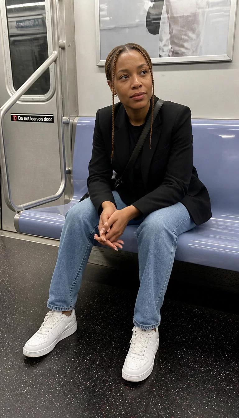 Black Blazer And Face Framing Braids A photorealistic full body shot of a 34-year-old Afro-Caribbean woman with a oblong face, deep brown, broad nose, thin arched eyebrows, and heart-shaped lips. Her face features faint freckles across the nose, slightly flushed cheeks, and subtle natural facial asymmetry. She has upturned green eyes, soft cheekbones, subtle smile, thoughtful. She is average build with light brown hair in a middle-parted style with two face-framing braids hair and is wearing a black blazer, jeans, and white sneakers, sitting on a subway train, no people in the background, high-quality mobile photography, shot on an iPhone 14.