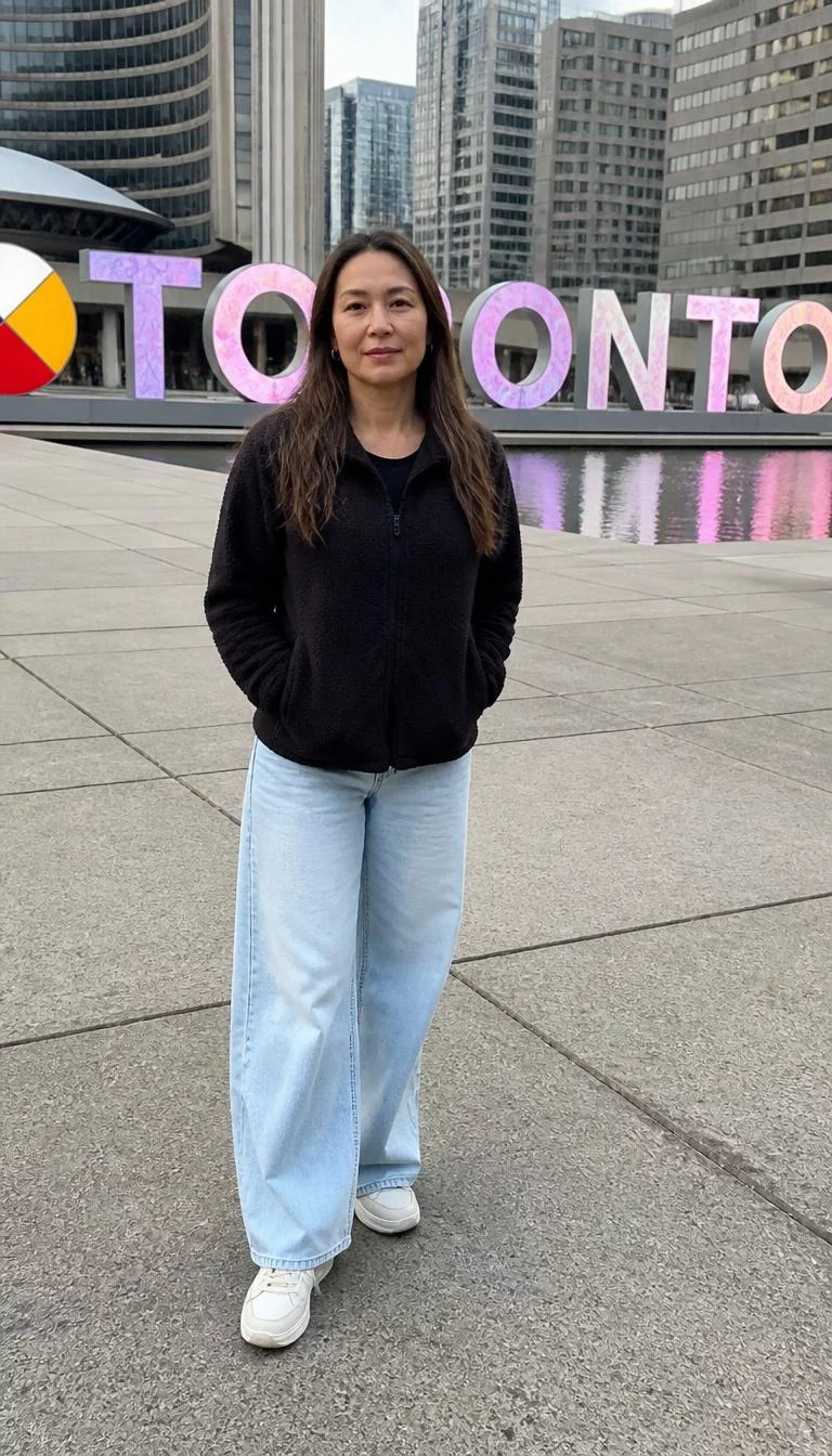 Black Fleece Jacket And Wide Leg Jeans A photorealistic full body shot of a 49-year-old East Asian woman with a oval face, light, aquiline nose, thin arched eyebrows, and wide lips. Her face features small scar on the eyebrow, light freckles, and subtle natural facial asymmetry. She has deep-set dark brown eyes, pronounced cheekbones, neutral expression, cheerful. She is athletic build with brown long straight hair and is wearing a black fleece jacket over a dark top, light-wash wide-leg jeans, and white sneakers, posing in front of the Toronto sign, no people in the background, high-quality mobile photography, shot on an iPhone 14.