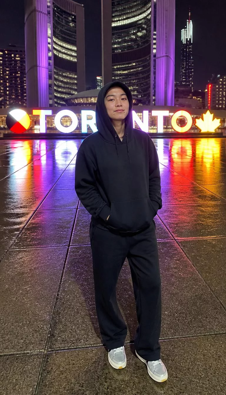 Dark Hooded Sweatshirt And Trousers A photorealistic full body shot of a 24-year-old Southeast Asian woman with a square face, fair, upturned nose, thin arched eyebrows, and wide lips. Her face features beauty mark near the lip, slightly flushed cheeks, and subtle natural facial asymmetry. She has monolid blue eyes, soft cheekbones, closed-mouth smile, playful. She is athletic build with hair details obscured by the hood hair and is wearing a dark hooded sweatshirt and trousers, a person standing before the illuminated Toronto sign at Nathan Phillips Square, no people in the background, high-quality mobile photography, shot on an iPhone 14.