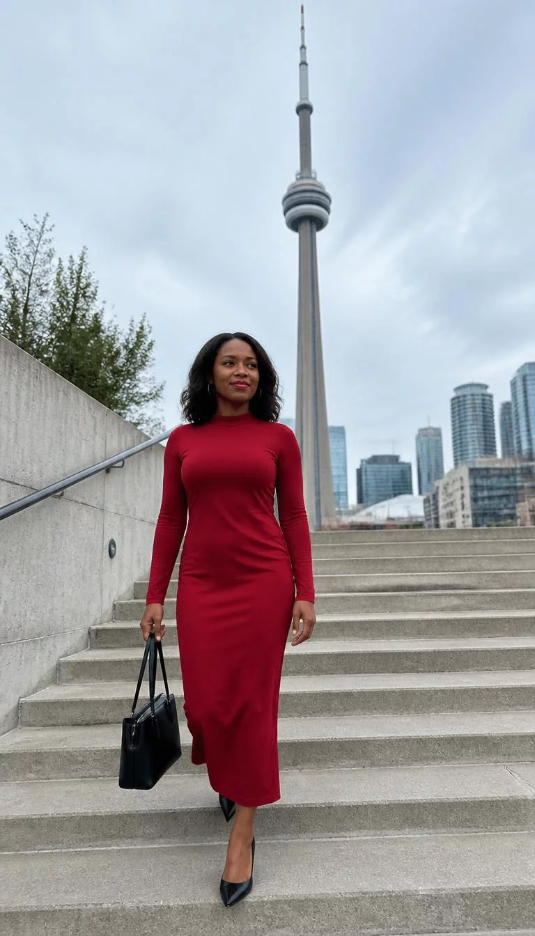 Long Sleeved Red Dress A photorealistic full body shot of a 39-year-old Black African woman with a heart-shaped face, olive, rounded nose, softly curved eyebrows, and wide lips. Her face features uneven eyebrows, light freckles, and subtle natural facial asymmetry. She has monolid brown eyes, pronounced cheekbones, subtle smile, relaxed. She is athletic build with dark brown wavy shoulder-length hair and is wearing a long-sleeved red dress and carries a black bag, walking up concrete stairs with the CN Tower in Toronto behind, no people in the background, high-quality mobile photography, shot on an iPhone 14.