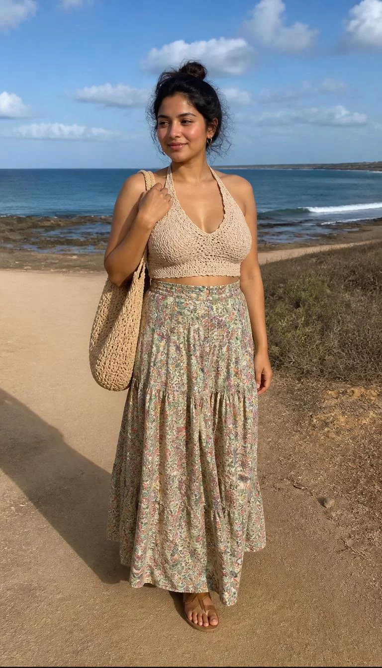 Crochet Halter Top and Patterned Floral Maxi Skirt A photorealistic full body shot of a 25-year-old South Asian woman with a round face, light, rounded nose, thick natural eyebrows, and heart-shaped lips. Her face features uneven eyebrows, slightly flushed cheeks, and subtle natural facial asymmetry. She has hooded green eyes, soft cheekbones, subtle smile, confident. She is curvy build with dark hair in a messy bun and is wearing a beige crochet halter top, a patterned floral maxi skirt, and carries a large woven tote bag on a beach path, no people in the background, high-quality mobile photography, shot on an iPhone 14.