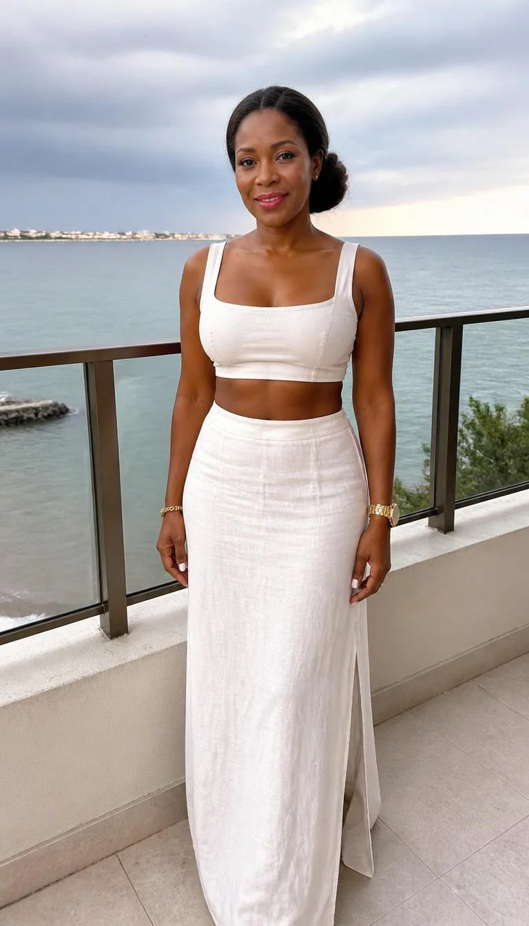 Simple White Crop Top and High Waisted Linen Skirt A photorealistic full body shot of a 46-year-old Black African woman with a oblong face, fair, broad nose, thin arched eyebrows, and heart-shaped lips. Her face features beauty mark near the lip, faint under-eye shadows, and subtle natural facial asymmetry. She has round blue eyes, pronounced cheekbones, closed-mouth smile, relaxed. She is athletic build with dark hair styled in a low bun and is wearing a simple white crop top and a long, matching high-waisted linen skirt, on a coastal balcony, no people in the background, high-quality mobile photography, shot on an iPhone 14.