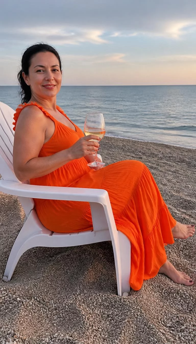Orange Tiered Maxi Dress A photorealistic full body shot of a 39-year-old Mediterranean woman with a oval face, dark brown, button nose, softly curved eyebrows, and wide lips. Her face features gap between front teeth, a few laugh lines, and subtle natural facial asymmetry. She has hooded gray eyes, soft cheekbones, subtle smile, playful. She is petite with dark hair pulled back hair and is wearing a vibrant orange sleeveless tiered maxi dress, she holds a wine glass, seated on a white beach chair by the ocean, no people in the background, high-quality mobile photography, shot on an iPhone 14.