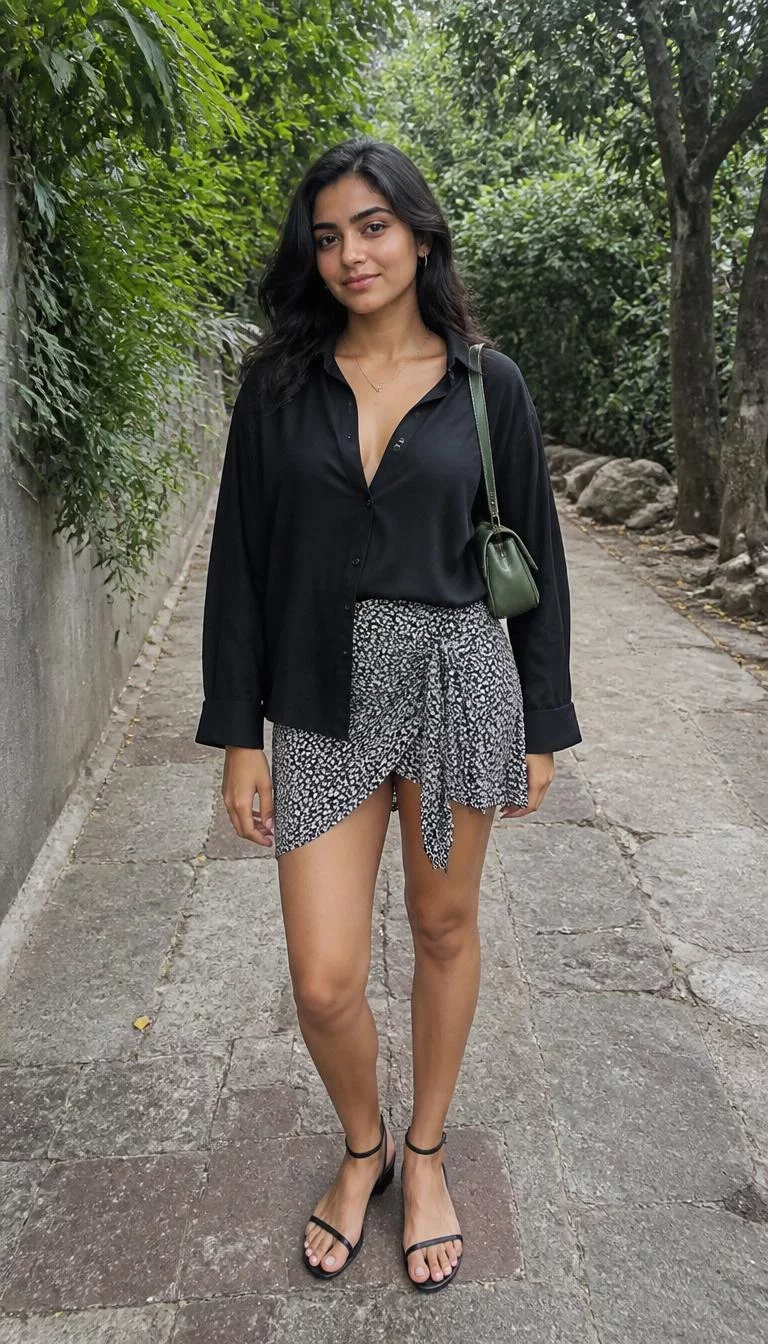 Open Black Shirt and Patterned Wrap Miniskirt A photorealistic full body shot of a 24-year-old South Asian woman with a square face, dark brown, aquiline nose, thick natural eyebrows, and wide lips. Her face features faint freckles across the nose, faint under-eye shadows, and subtle natural facial asymmetry. She has deep-set hazel eyes, high cheekbones, closed-mouth smile, relaxed. She is petite with dark hair and is wearing a collared black shirt left open, combined with a black and white patterned wrap miniskirt and a green shoulder bag on a path, no people in the background, high-quality mobile photography, shot on an iPhone 14.