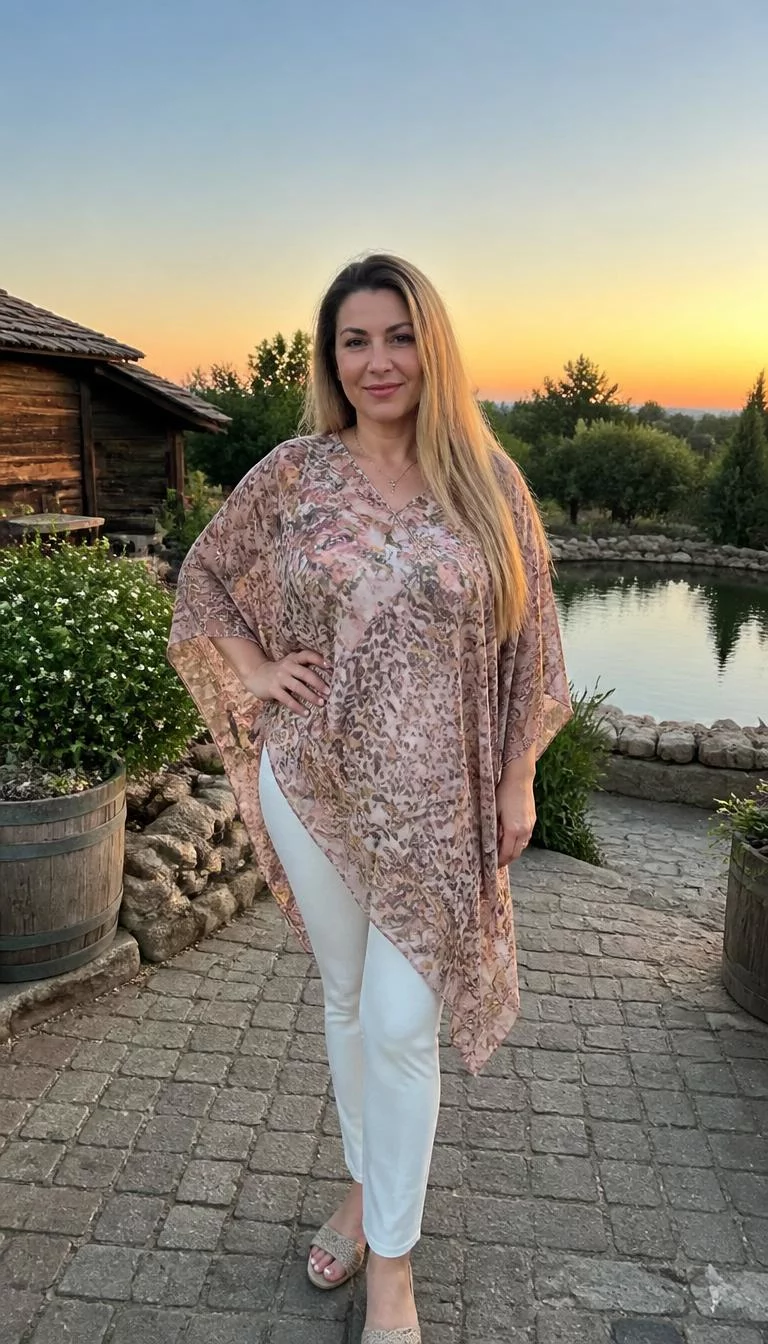 Semi Sheer Patterned Poncho and White Trousers A photorealistic full body shot of a 39-year-old Eastern European woman with a pear-shaped face, deep brown, button nose, thick natural eyebrows, and full lips. Her face features slightly crooked smile, visible pores, and subtle natural facial asymmetry. She has round dark brown eyes, pronounced cheekbones, subtle smile, cheerful. She is curvy build with long, straight blonde hair and is wearing a unique, semi-sheer patterned poncho-style top over white pants, stands in a rustic outdoor garden area at sunset, no people in the background, high-quality mobile photography, shot on an iPhone 14.