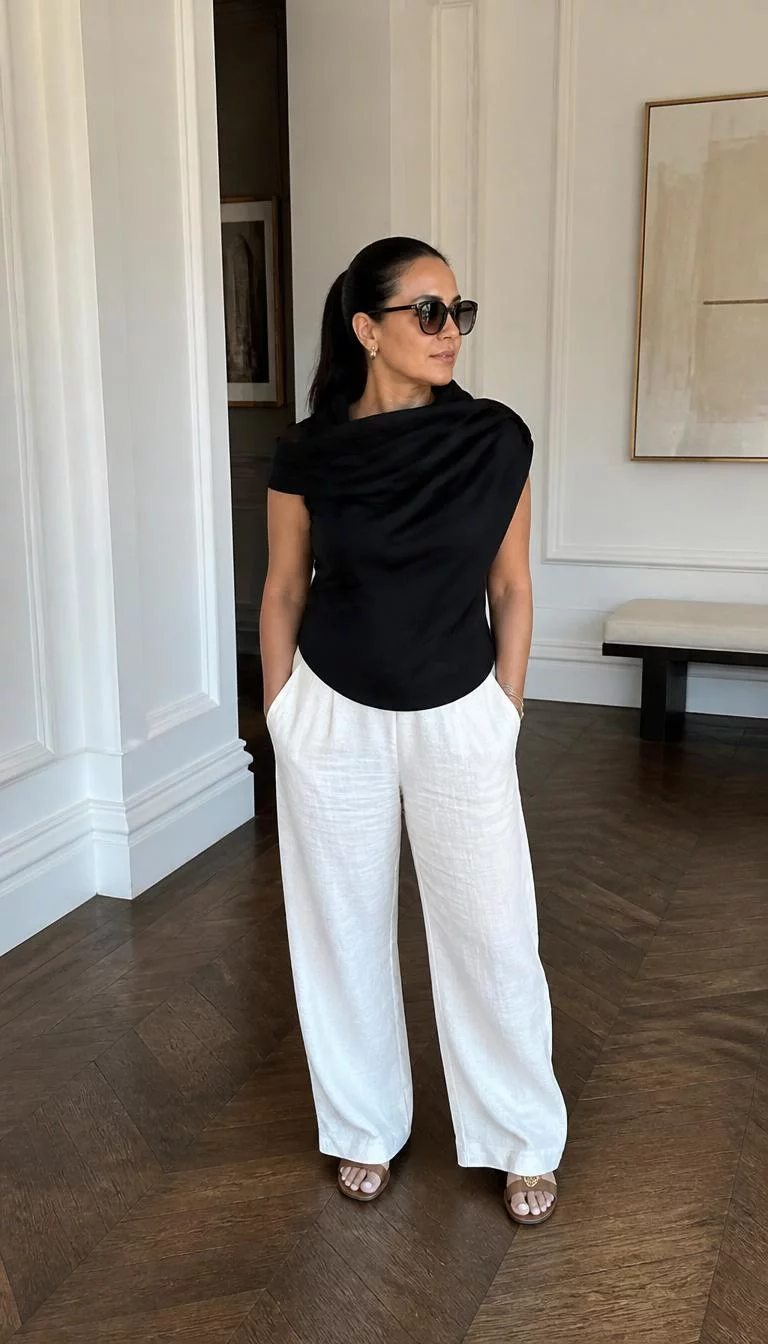 Black Architectural Scarf Top and White Linen Trousers A photorealistic full body shot of a 40-year-old Latina woman with a round face, olive, broad nose, feathered eyebrows, and full lips. Her face features faint freckles across the nose, subtle acne marks, and subtle natural facial asymmetry. She has downturned dark brown eyes, pronounced cheekbones, broad smile, relaxed. She is average build with a dark, sleek ponytail and sunglasses and is wearing a black architectural scarf wrap top, loose white linen trousers, and flat sandals, in a classic interior, no people in the background, high-quality mobile photography, shot on an iPhone 14.