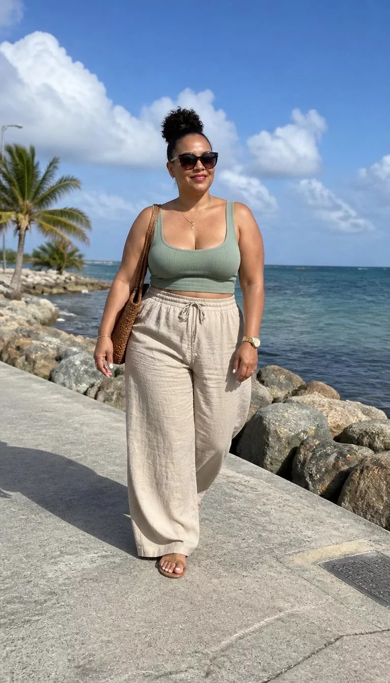Sage Green Ribbed Crop Top and Beige Pants A photorealistic full body shot of a 42-year-old Afro-Caribbean woman with a oblong face, fair, rounded nose, straight eyebrows, and heart-shaped lips. Her face features beauty mark near the lip, slightly flushed cheeks, and subtle natural facial asymmetry. She has almond-shaped amber eyes, rounded cheeks, broad smile, confident. She is curvy build with a dark hair bun and sunglasses and is wearing a sage green ribbed crop top, wide-leg beige linen trousers, and sandals while walking near a beach area, no people in the background, high-quality mobile photography, shot on an iPhone 14.
