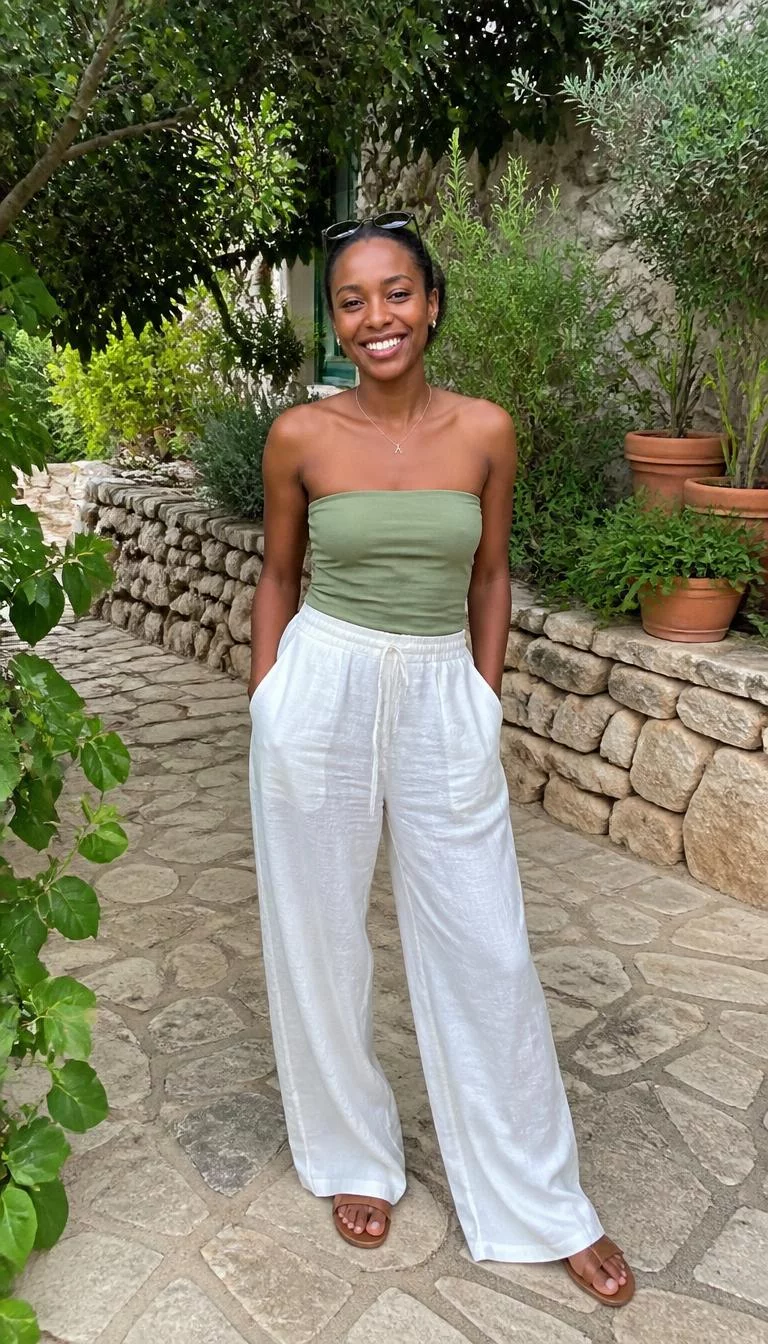 Sage Green Tube Top and White Linen Pants A photorealistic full body shot of a 25-year-old Black African woman with a oval face, deep brown, upturned nose, feathered eyebrows, and full lips. Her face features gap between front teeth, visible pores, and subtle natural facial asymmetry. She has hooded green eyes, pronounced cheekbones, broad smile, cheerful. She is petite with a low brown bun and sunglasses and is wearing a sage green tube top, white linen wide-leg pants, and sandals in a lush, green-filled Mediterranean garden space, no people in the background, high-quality mobile photography, shot on an iPhone 14.