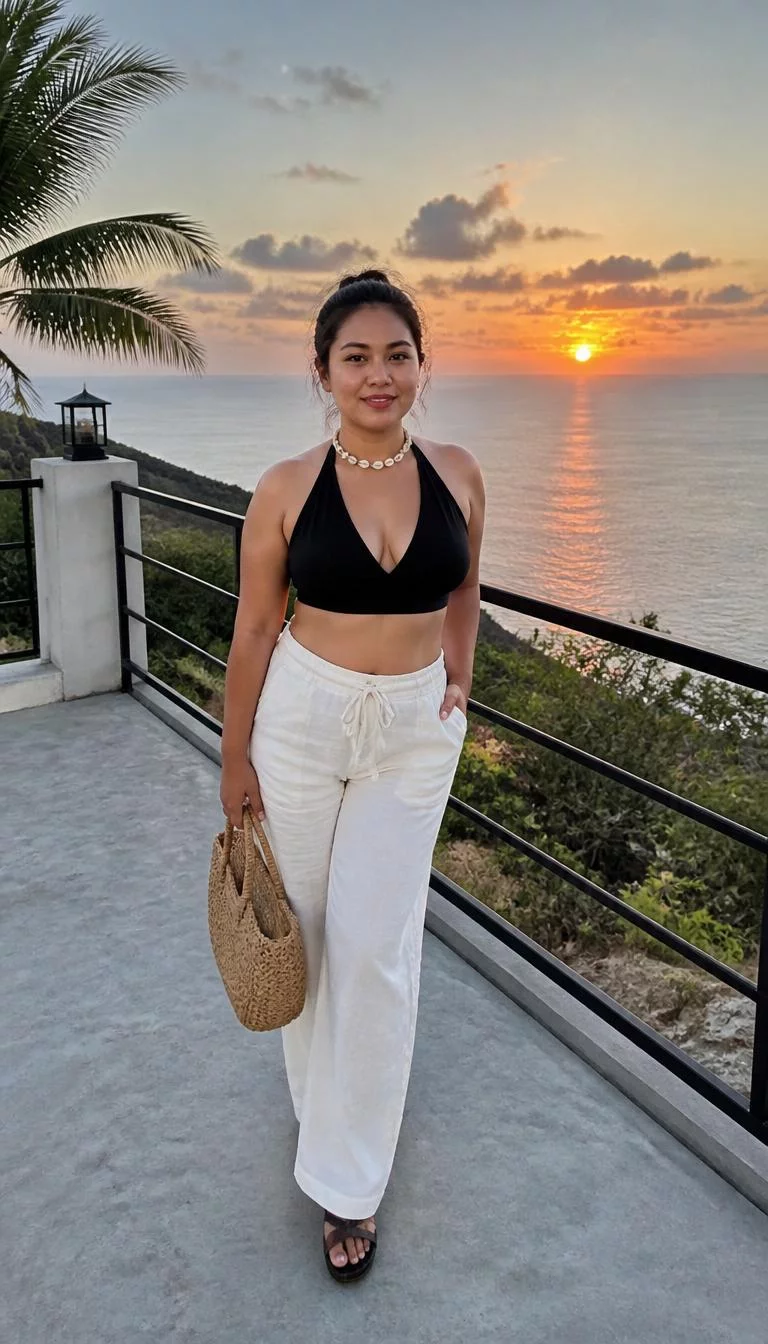 Black Halter Crop Top and White Linen Pants A photorealistic full body shot of a 36-year-old Southeast Asian woman with a oblong face, tan, rounded nose, feathered eyebrows, and wide lips. Her face features beauty mark near the lip, subtle acne marks, and subtle natural facial asymmetry. She has deep-set hazel eyes, pronounced cheekbones, subtle smile, cheerful. She is curvy build with a dark bun and a shell necklace and is wearing a black halter crop top and white linen pants, holding a woven bag on a terrace overlooking the sunset, no people in the background, high-quality mobile photography, shot on an iPhone 14.