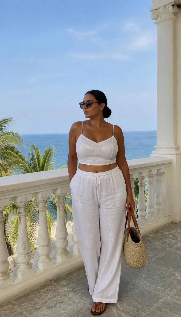 White Crop Top and Wide Leg Linen Trousers A photorealistic full body shot of a 25-year-old Latina woman with a oblong face, olive, broad nose, straight eyebrows, and wide lips. Her face features slightly crooked smile, faint under-eye shadows, and subtle natural facial asymmetry. She has monolid dark brown eyes, pronounced cheekbones, neutral expression, thoughtful. She is curvy build with hair in a low bun and wearing sunglasses and is wearing a white crop top and matching wide-leg linen trousers and carrying a straw bag, on a balcony overlooking the sea, no people in the background, high-quality mobile photography, shot on an iPhone 14.