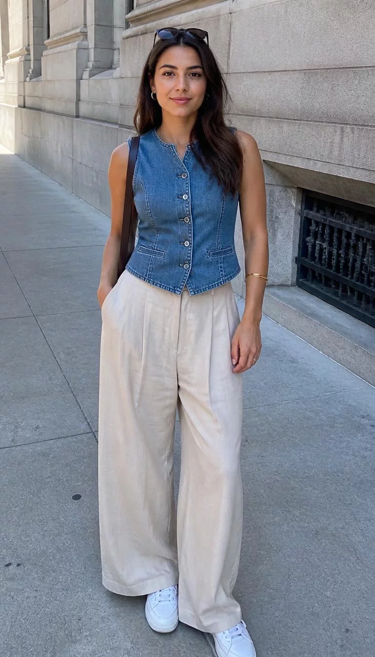 Denim Vest and Wide Leg Beige Trousers A photorealistic full body shot of a 23-year-old Middle Eastern woman with a square face, dark brown, button nose, thin arched eyebrows, and full lips. Her face features faint freckles across the nose, light freckles, and subtle natural facial asymmetry. She has hooded green eyes, rounded cheeks, closed-mouth smile, relaxed. She is athletic build with brunette wearing sunglasses hair and is wearing a denim vest and wide-leg beige trousers, bright, urban city setting near a stone-walled building, no people in the background, high-quality mobile photography, shot on an iPhone 14.