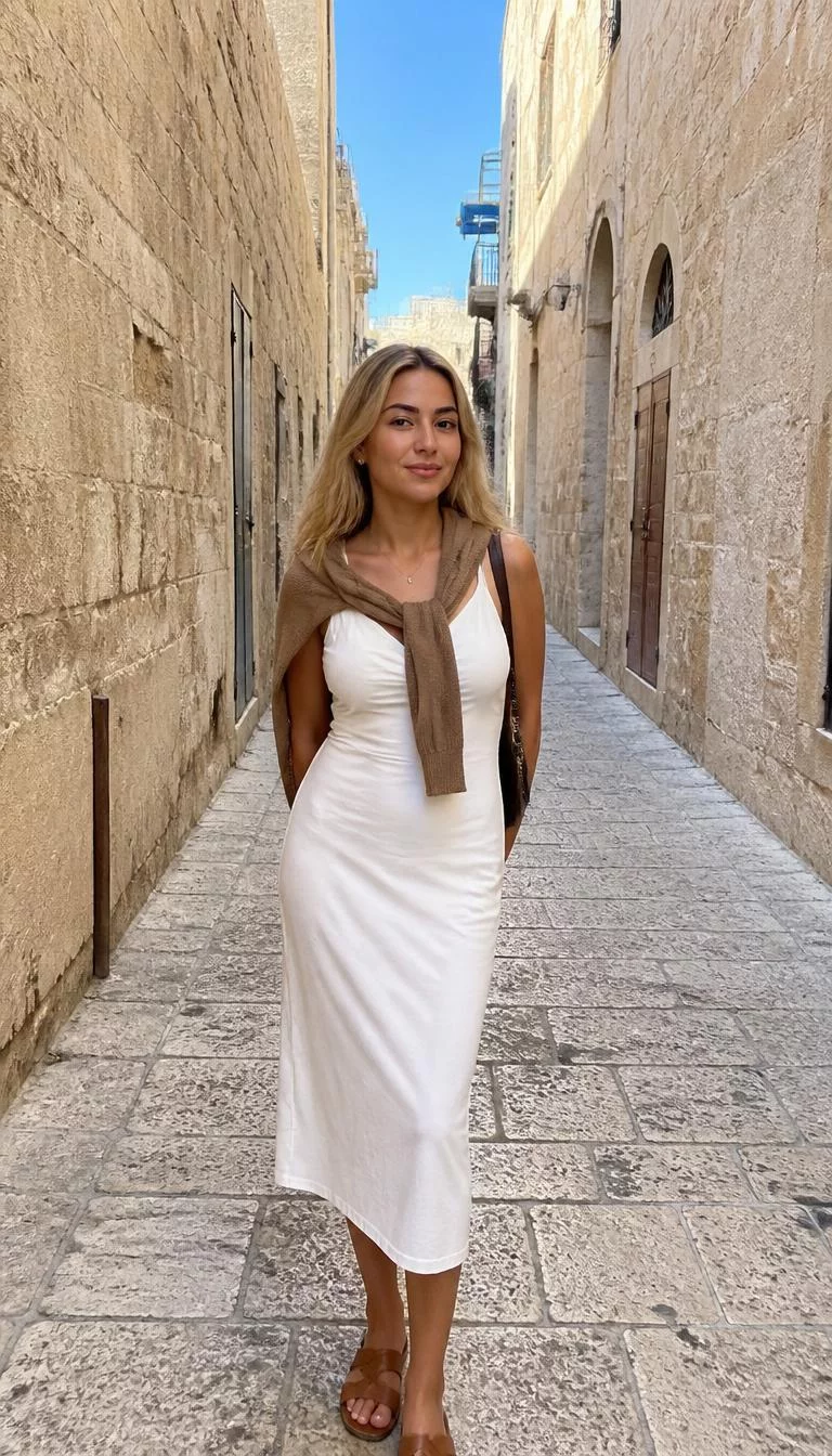 White Midi Dress and Draped Brown Sweater A photorealistic full body shot of a 23-year-old Middle Eastern woman with a oblong face, golden brown, straight nose, straight eyebrows, and full lips. Her face features small scar on the eyebrow, faint under-eye shadows, and subtle natural facial asymmetry. She has almond-shaped green eyes, rounded cheeks, closed-mouth smile, confident. She is average build with blonde hair and is wearing a white midi dress and a brown sweater draped over shoulders, narrow historic stone alleyway under a bright, sunny sky, no people in the background, high-quality mobile photography, shot on an iPhone 14.