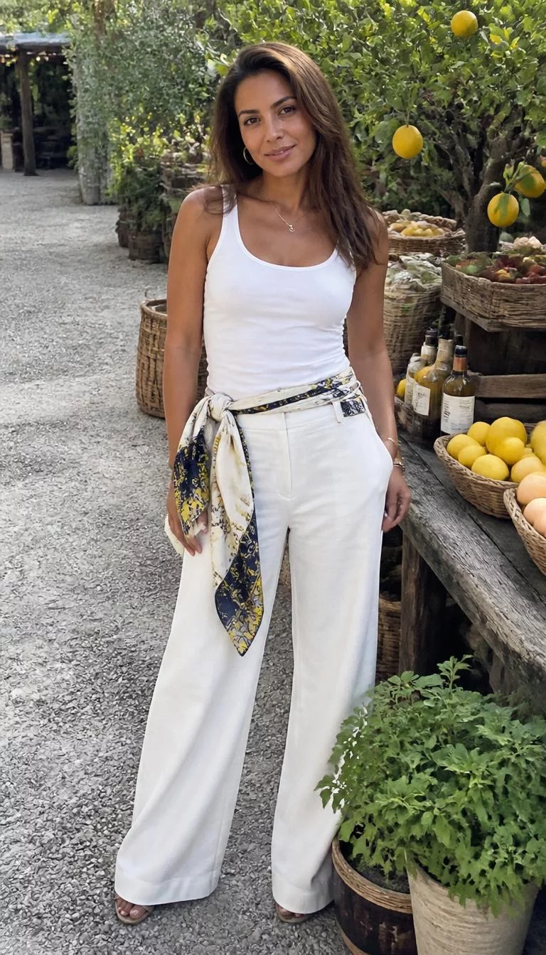 White Tank Top and Trousers with Patterned Waist Scarf A photorealistic full body shot of a 36-year-old Latina woman with a heart-shaped face, dark brown, button nose, feathered eyebrows, and wide lips. Her face features small scar on the eyebrow, visible pores, and subtle natural facial asymmetry. She has deep-set gray eyes, pronounced cheekbones, broad smile, thoughtful. She is petite with brown-haired hair and is wearing a white tank top and white trousers with a patterned scarf tied around the waist, lemon trees and a rustic outdoor market, no people in the background, high-quality mobile photography, shot on an iPhone 14.