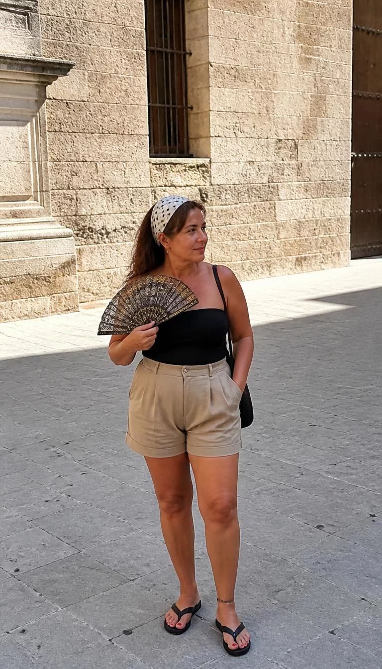Black Tube Top and Beige Shorts with Head Scarf A photorealistic full body shot of a 48-year-old Northern European woman with a pear-shaped face, tan, straight nose, softly curved eyebrows, and full lips. Her face features slightly crooked smile, slightly flushed cheeks, and subtle natural facial asymmetry. She has downturned brown eyes, soft cheekbones, broad smile, thoughtful. She is curvy build with brunette hair and is wearing a black tube top, beige dress shorts, a polka-dot head scarf, and carry an elegant handheld fan, historic stone square, no people in the background, high-quality mobile photography, shot on an iPhone 14.