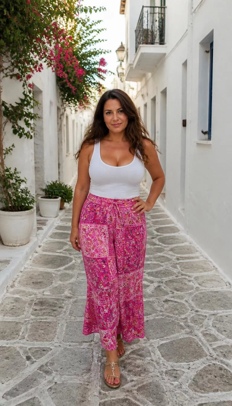 White Tank Top and Vibrant Pink Patterned Skirt A photorealistic full body shot of a 39-year-old Eastern European woman with a round face, tan, narrow nose, feathered eyebrows, and wide lips. Her face features dimples, a few laugh lines, and subtle natural facial asymmetry. She has monolid hazel eyes, pronounced cheekbones, neutral expression, cheerful. She is petite with long brown-haired hair and is wearing a white tank top and a vibrant pink patterned skirt, narrow, classic Mediterranean alleyway with white buildings and balconies, no people in the background, high-quality mobile photography, shot on an iPhone 14.