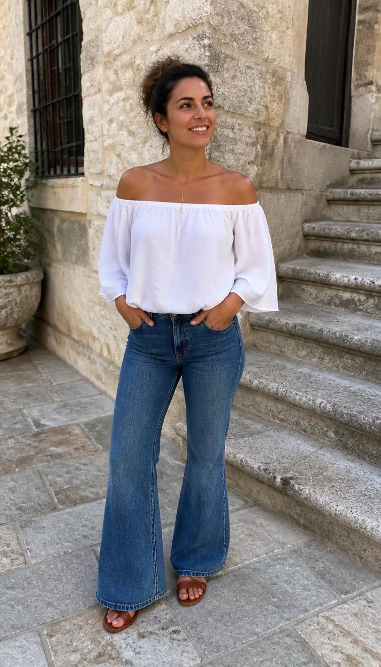 Off the Shoulder White Top and Flared Blue Jeans A photorealistic full body shot of a 36-year-old Eastern European woman with a heart-shaped face, olive, aquiline nose, thick natural eyebrows, and full lips. Her face features gap between front teeth, a few laugh lines, and subtle natural facial asymmetry. She has round gray eyes, rounded cheeks, broad smile, thoughtful. She is petite with brunette messy bun hair and is wearing an off-the-shoulder white top, flared blue jeans, and brown sandals, stone building in a charming outdoor setting, no people in the background, high-quality mobile photography, shot on an iPhone 14.