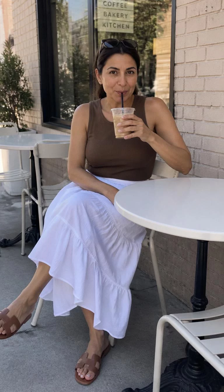 Brown Tank Top and White Tiered Skirt at a Cafe A photorealistic full body shot of a 45-year-old Middle Eastern woman with a heart-shaped face, deep brown, button nose, softly curved eyebrows, and thin lips. Her face features gap between front teeth, subtle acne marks, and subtle natural facial asymmetry. She has monolid hazel eyes, high cheekbones, neutral expression, playful. She is athletic build with brunette wearing sunglasses hair and is wearing a brown tank top and a white tiered skirt, sitting at a round outdoor table at a cafe, drinking an iced coffee, no people in the background, high-quality mobile photography, shot on an iPhone 14.