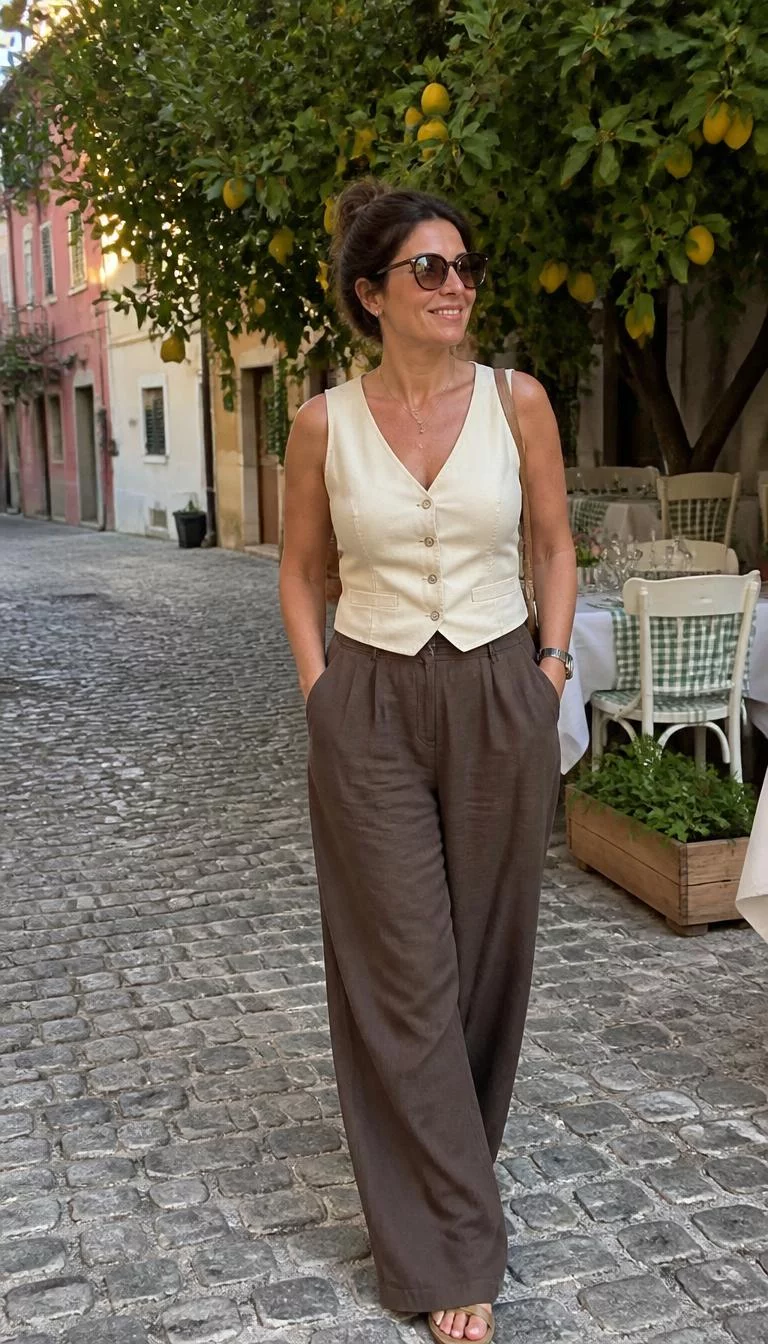 Cream Vest and Brown Wide Leg Trousers with Sunglasses A photorealistic full body shot of a 46-year-old Eastern European woman with a diamond face, olive, upturned nose, feathered eyebrows, and heart-shaped lips. Her face features dimples, light freckles, and subtle natural facial asymmetry. She has hooded blue eyes, rounded cheeks, broad smile, relaxed. She is curvy build with brunette updo hair and is wearing a cream vest, brown wide-leg trousers, and sunglasses, lemon tree and outdoor dining area on a European cobblestone street, no people in the background, high-quality mobile photography, shot on an iPhone 14.