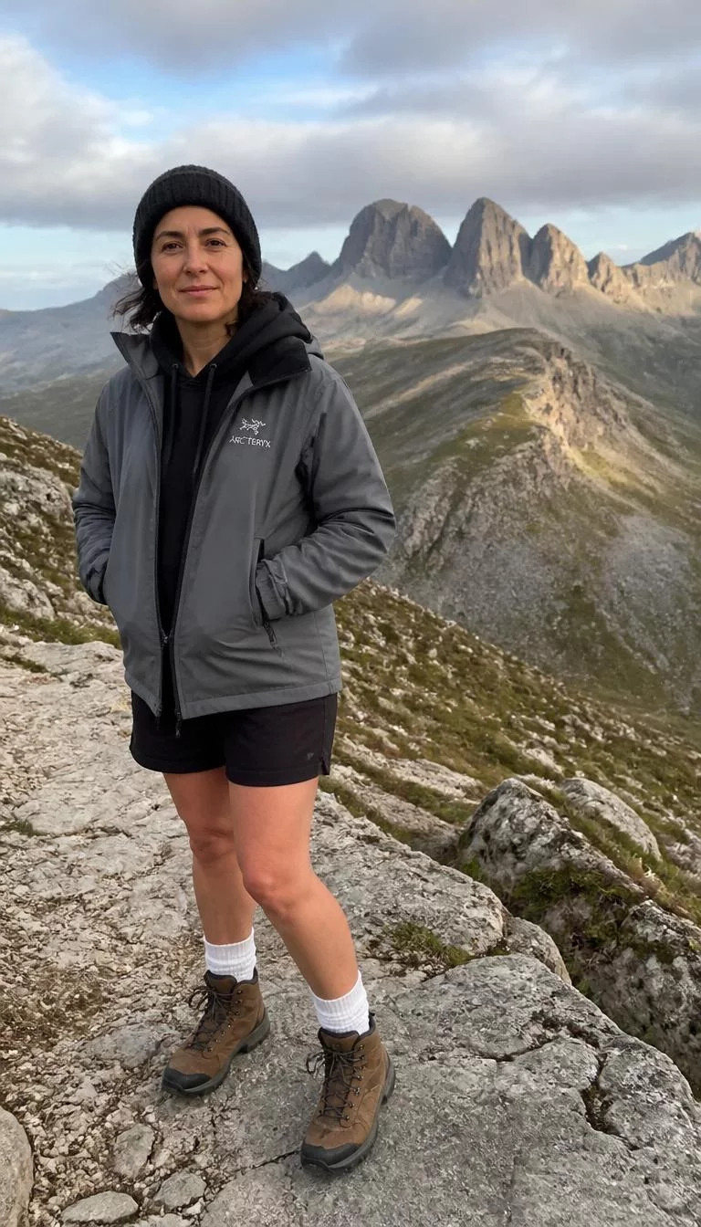 Arc’teryx Jacket and Hiking Boots for Mountain Trails A photorealistic full body shot of a 49-year-old Mediterranean woman with a square face, fair, rounded nose, softly curved eyebrows, and thin lips. Her face features uneven eyebrows, subtle acne marks, and subtle natural facial asymmetry. She has monolid amber eyes, soft cheekbones, neutral expression, cheerful. She is slim with brunette hair in a beanie and is wearing a grey Arc'teryx jacket, black hoodie, black shorts, white socks, and brown hiking boots, posing on a rocky trail with mountains in the background, no people in the background, high-quality mobile photography, shot on an iPhone 14.