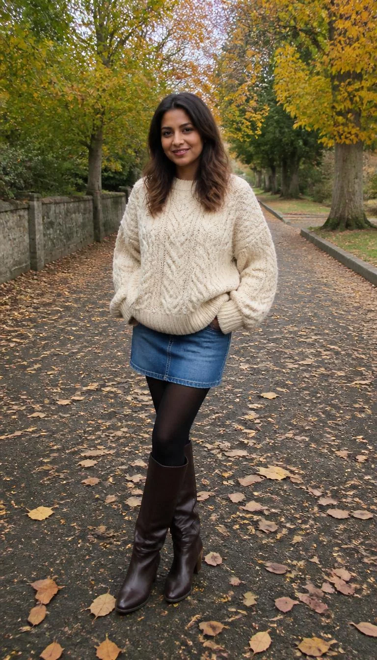 Cable Knit Sweater and Denim Mini Skirt for Autumn A photorealistic full body shot of a 39-year-old South Asian woman with a round face, dark brown, rounded nose, straight eyebrows, and full lips. Her face features gap between front teeth, slightly flushed cheeks, and subtle natural facial asymmetry. She has downturned brown eyes, high cheekbones, neutral expression, confident. She is slim with wavy brown hair and is wearing a oversized cream cable-knit sweater, denim mini skirt, black tights, and knee-high brown leather boots, on a tree-lined path with autumn leaves, no people in the background, high-quality mobile photography, shot on an iPhone 14.