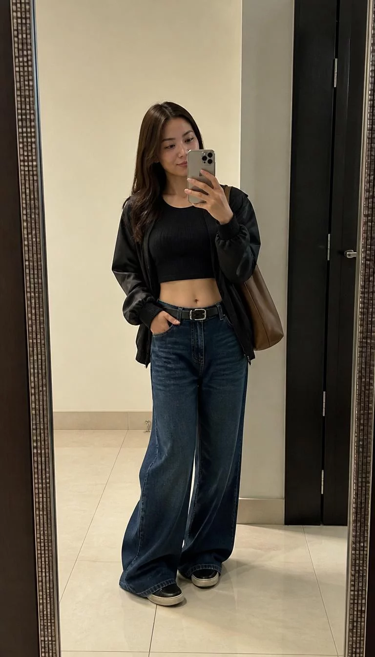 Black Crop Top and Wide Leg Jeans A photorealistic full body shot of a 36-year-old Southeast Asian woman with a heart-shaped face, golden brown, straight nose, thin arched eyebrows, and thin lips. Her face features beauty mark near the lip, a few laugh lines, and subtle natural facial asymmetry. She has upturned green eyes, high cheekbones, closed-mouth smile, thoughtful. She is petite with brown hair and is wearing a black long-sleeve crop top, dark blue wide-leg jeans with a belt, a black jacket, and a coffee colored bag, posing in front of a mirror, no people in the background, high-quality mobile photography, shot on an iPhone 14.