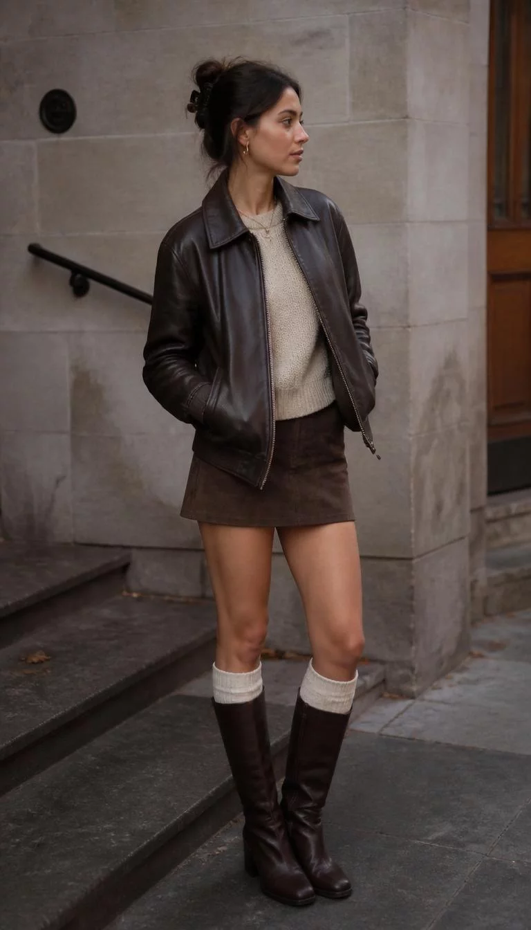 Leather Bomber and Mini Skirt with Tall Socks A photorealistic full body shot of a 28-year-old Mixed-race woman with a oval face, fair, upturned nose, softly curved eyebrows, and wide lips. Her face features slightly crooked smile, a few laugh lines, and subtle natural facial asymmetry. She has downturned hazel eyes, pronounced cheekbones, neutral expression, thoughtful. She is slim with brunette hair held back by a claw clip and is wearing a leather bomber jacket, cream sweater, dark brown mini skirt, knee-high boots, and long socks, no people in the background, high-quality mobile photography, shot on an iPhone 14.