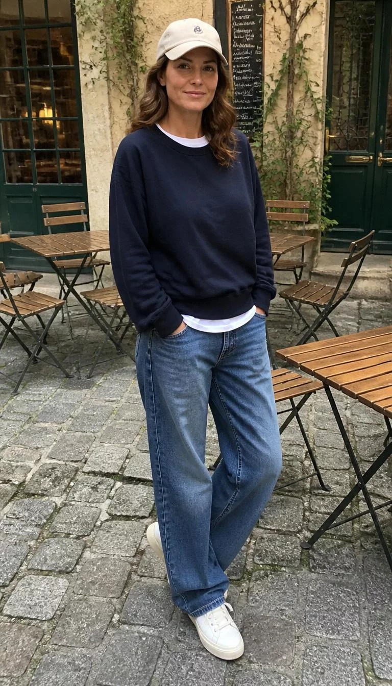 Dark Blue Sweatshirt and Loose Jeans for Café Breaks A photorealistic full body shot of a 47-year-old Eastern European woman with a heart-shaped face, light, aquiline nose, softly curved eyebrows, and full lips. Her face features uneven eyebrows, faint under-eye shadows, and subtle natural facial asymmetry. She has almond-shaped amber eyes, pronounced cheekbones, subtle smile, relaxed. She is average build with wavy brown hair wearing a beige baseball cap and is wearing a dark blue sweatshirt, white t-shirt, and loose blue jeans, at an outdoor café, no people in the background, high-quality mobile photography, shot on an iPhone 14.