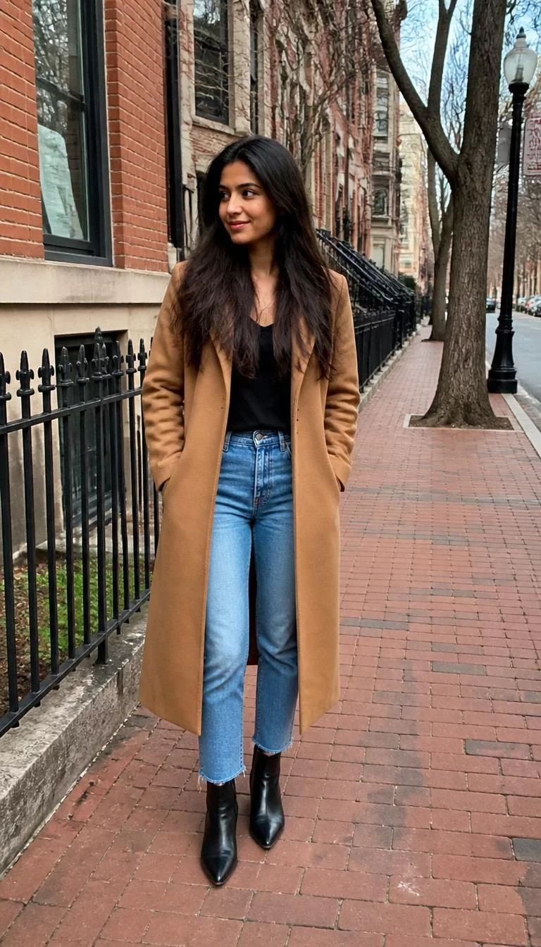 Camel Coat and Light Blue Jeans for City Walks A photorealistic full body shot of a 24-year-old South Asian woman with a oval face, olive, upturned nose, feathered eyebrows, and full lips. Her face features slightly crooked smile, faint under-eye shadows, and subtle natural facial asymmetry. She has almond-shaped amber eyes, rounded cheeks, broad smile, thoughtful. She is slim with long wavy brown hair and is wearing a long camel-colored coat, black top, light blue jeans, and black ankle boots, standing on a brick city sidewalk, no people in the background, high-quality mobile photography, shot on an iPhone 14.