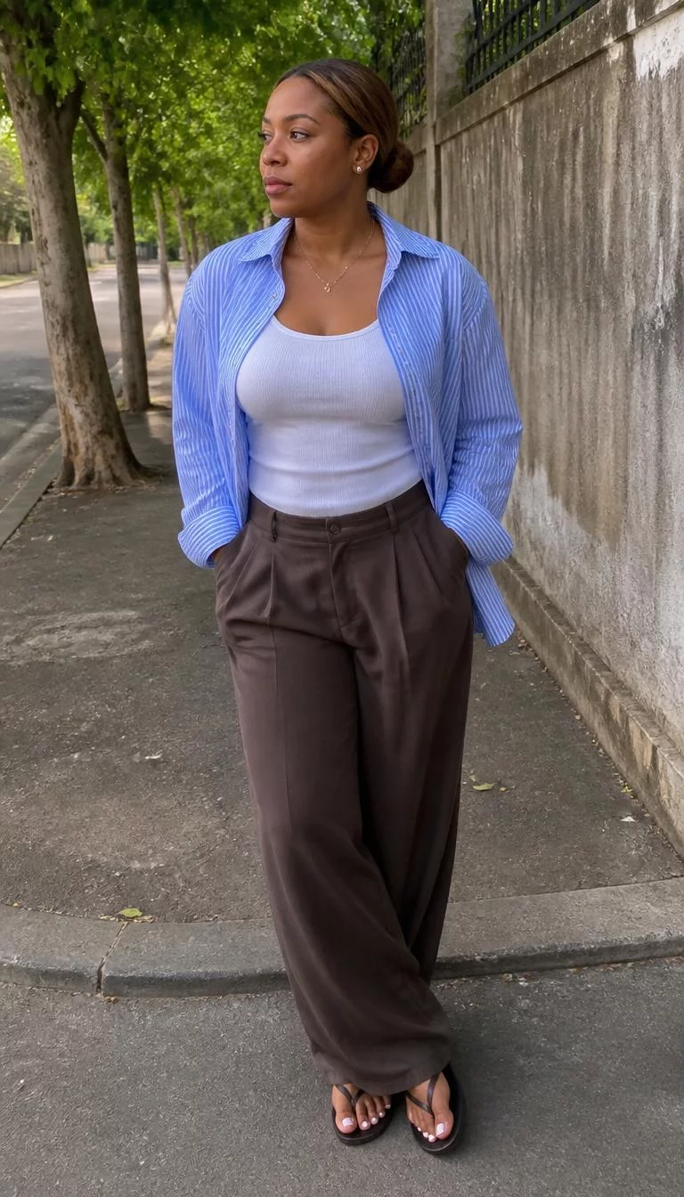 Slouchy Chocolate Trousers and Blue Striped Shirt A photorealistic full body shot of a 37-year-old Black African woman with a round face, tan, aquiline nose, feathered eyebrows, and full lips. Her face features beauty mark near the lip, light freckles, and subtle natural facial asymmetry. She has hooded dark brown eyes, soft cheekbones, neutral expression, thoughtful. She is average build with light brown hair in a low bun and is wearing a unbuttoned blue striped shirt, white tank top, slouchy chocolate brown trousers, and flip-flops, on a sidewalk, no people in the background, high-quality mobile photography, shot on an iPhone 14.
